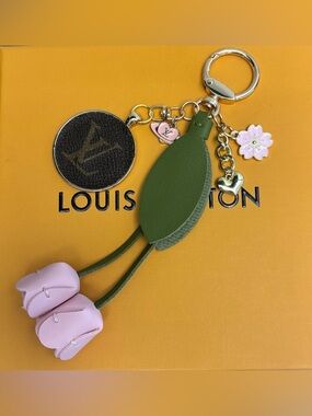 Louis Vuitton Bag Charm, Enamel Floral, Leather Tulip, LV Charm, Upcycled, 7 in